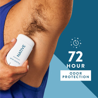 Person applying Native deodorant under arm with text reading 72-hour odor protection