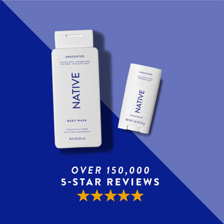 Native body wash, and deodorant unscented shown with five-star rating
