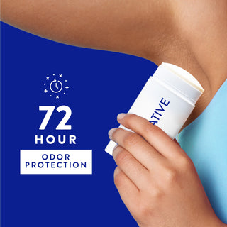 Person applying Native deodorant under arm with text reading 72-hour odor protection