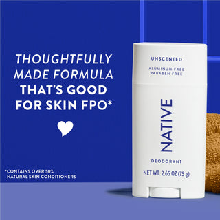 Upright Native deodorant with Unscented label and overlay promoting skin-friendly formula