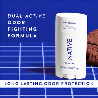 Native Unscented Deodorant sitting on counter with text promoting "Dual-active, odor fighting formula"