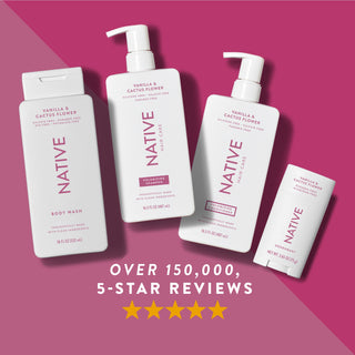 Native body wash, shampoo, conditioner, and deodorant in Vanilla & Cactus Flower scent shown with five-star rating