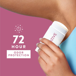 Person applying Native deodorant under arm with text reading 72-hour odor protection