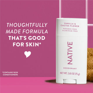 Upright Native deodorant with Vanilla & Cactus Flower label and overlay promoting skin-friendly formula