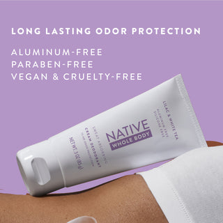 Native Lilac & White Tea Whole Body Deodorant Cream with long lasting odor protection, aluminum-free, paraben-free, vegan & cruelty-free text overlay