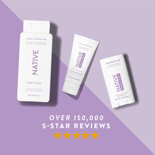 Native Lilac & White Tea product lineup, featuring 5-star review graphic