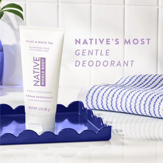 Native Lilac & White Tea Whole Body cream deodorant with text reading "Native's most gentle deodorant"