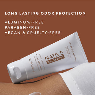 Native Coconut & Vanilla Whole Body Deodorant Cream with text reading "Long lasting odor protection, aluminum-free, paraben-free, vegan & cruelty-free"