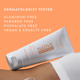 Native Sweet Peach & Nectar Whole Body Deodorant cream with text reading "Dermatologist tested, aluminum-free, paraben-free, phthalate free, vegan & cruelty-free"