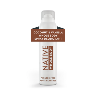 Front view of Native Coconut & Vanilla Whole Body Deodorant Spray canister, labeled aluminum-free and paraben-free
