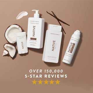 Native Coconut & Vanilla product lineup surrounded by coconut and vanilla, featuring 5-star review graphic