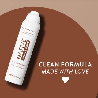Native Coconut & Vanilla Whole Body spray deodorant can on two-tone brown background with clean formula made with love text