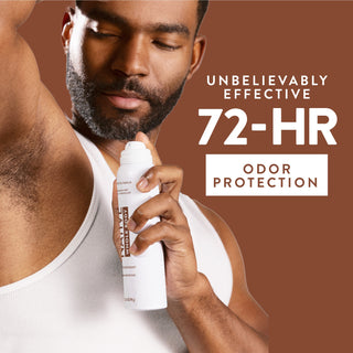 Man applying Native Coconut & Vanilla Whole Body Deodorant spray underarm with 72-hour odor protection text overlay