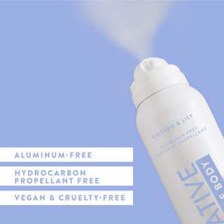 Angled view of Native Whole Body Deodorant in Cotton & Lily scent spraying, labeled aluminum-free and paraben-free