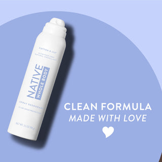 Native Cotton & Lily Whole Body spray deodorant can on two-tone blue background with clean formula made with love text
