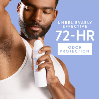 Man applying Native Cotton & Lily Whole Body Deodorant spray underarm with 72-hour odor protection text overlay
