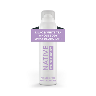 Front view of Native Lilac & White Tea Whole Body Deodorant Spray canister, labeled aluminum-free and paraben-free