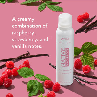 Native Whole Body Deodorant with Raspberry and vanilla pods on pink background