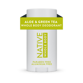 Front view of Native Aloe & Green Tea Whole Body Deodorant Stick, labeled aluminum-free and paraben-free