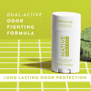 Native Aloe & Green Tea Whole Body Deodorant stick with text reading "Dual-active odor fighting formula"