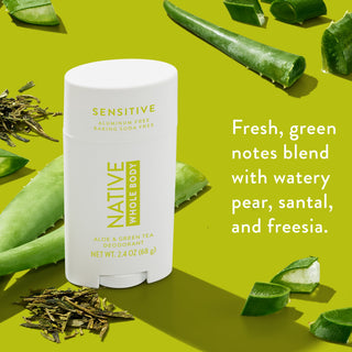 Native Whole Body Deodorant with aloe vera and green tea leaves on green background