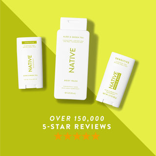 Native Aloe & Green Tea product lineup surrounded, featuring 5-star review graphic