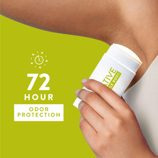 Woman spraying Native Aloe & Green Tea Whole Body Deodorant under arm, wearing a white tank top