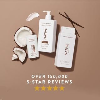 Native Coconut & Vanilla product lineup surrounded by coconut slices and vanilla pods, featuring 5-star review graphic