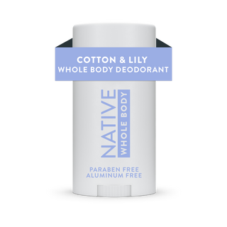Front view of Native Cotton & Lily Whole Body Deodorant Stick, labeled aluminum-free and paraben-free
