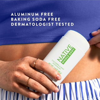 Native Cucumber & Mint Whole Body Deodorant Stick with Aluminum free, baking soda free, dermatologist tested text overlay