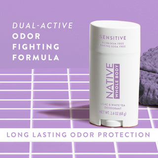 Native Lilac & White Tea Whole Body Stick deodorant with dual-active odor fighting formula text