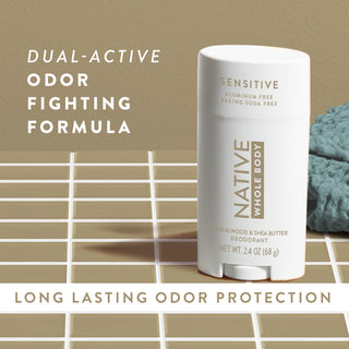 Native Sandalwood & Shea Butter Whole Body Deodorant Stick with dual-active odor fighting formula text overlay