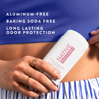 Native Vanilla & Raspberry Whole Body Deodorant Stick with aluminum-free, baking soda free, long lasting odor protection text overlay