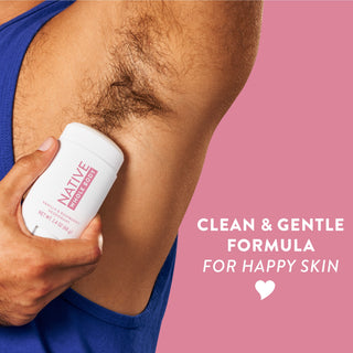 Man applying Native Vanilla & Raspberry Whole Body Deodorant Stick underarm with 72-hour odor protection text overlay