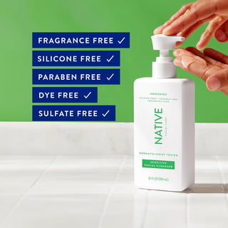 Hand using Native Sensitive Facial Cleanser pump, with text listing fragrance-free, silicone-free, and dye-free claims