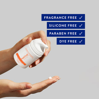 Hand pumping Native moisturizer; text lists benefits: Fragrance Free, Silicone Free, Paraben Free, Dye Free