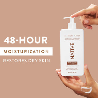 Hand pumping Native Coconut & Vanilla Moisturizing Lotion bottle, with “48-Hour Moisturization restores dry skin” text