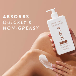 Native Coconut & Vanilla Moisturizing Lotion bottle being applied to a person's leg, promoting “Absorbs quickly & non-greasy”