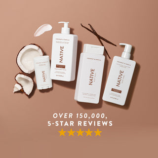 Native Coconut & Vanilla products arranged with coconut halves and vanilla beans, promoting “Over 150,000, 5-Star Reviews”