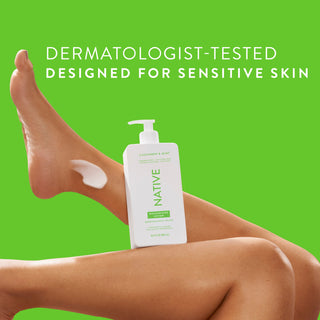 Native Cucumber & Mint Moisturizing Lotion bottle on a person’s legs, promoting “Dermatologist-Tested designed for sensitive skin”