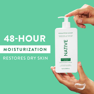 Hand pumping Native Eucalyptus & Mint Moisturizing Lotion bottle, with “48-Hour Moisturization restores dry skin” text