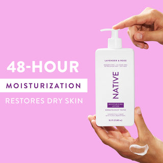Hand pumping Native Lavender & Rose Moisturizing Lotion bottle, with “48-Hour Moisturization restores dry skin” text