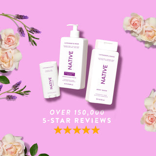 Native Lavender & Rose products arranged with lavender and roses, promoting “Over 150,000, 5-Star Reviews”