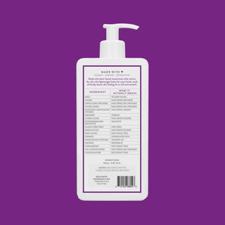 Back view of Native Lavender & Rose Moisturizing Lotion bottle showing the ingredient list and directions