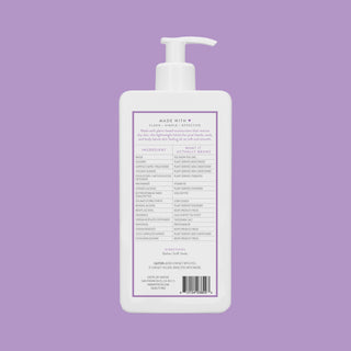 Back view of Native Lilac & White Tea Moisturizing Lotion bottle showing the ingredient list and directions