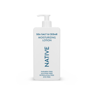 Native Sea Salt & Cedar Moisturizing Lotion bottle, highlighting paraben free, silicone free, petrolatum free, and dye free