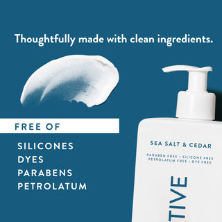 White lotion smear next to text reading "Thoughtfully made with clean ingredients. Free of parabens, silicones, sulfates, dye, vegan & cruelty free"