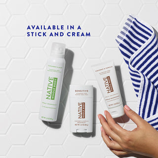 Native whole body deodorant cucumber & mint, sensitive whole body deodorant, and whole body cream styled with a striped blue and black towel