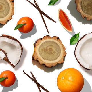Arrangement of wood pieces, vanilla pods, whole tangerines, and coconut halves