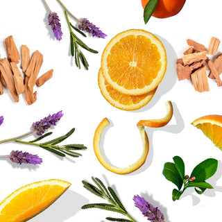 Arrangement of orange slices, lavender flowers and wood pieces